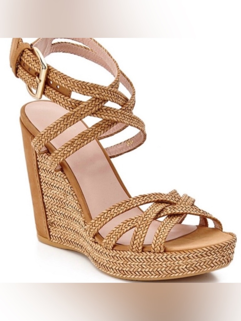Stuart Weitzman Braided Tan Platform Sandals with Ankle Wrap